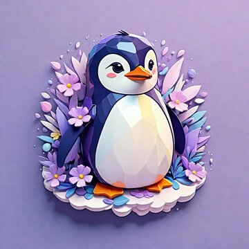 Purple penguin with flower low poly, cartoon for kids. 2d anime, 