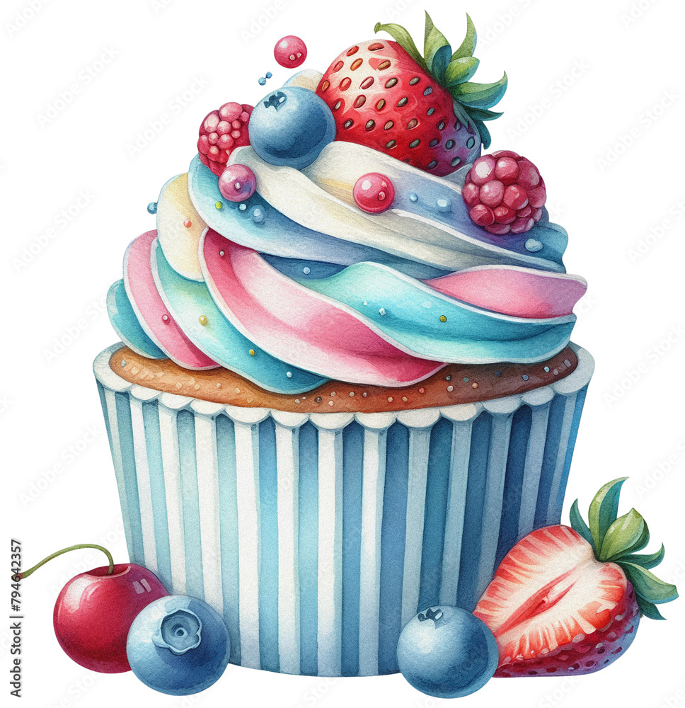 Cupcake watercolor sweet clipart, colorful cupcakes png Stock Photo ...