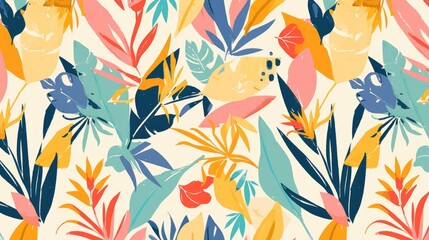 Poster - A vibrant and contemporary pattern featuring a modern exotic floral jungle design created in a playful hand drawn cartoon style