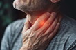 A close-up of a man's hand holding the painful area on his neck, which is glowing red. bronchial pain, treatment, suffering, patient concept. Generative AI