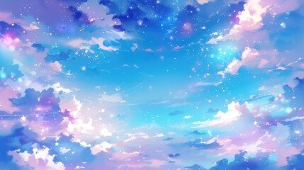 Poster - Immerse yourself in a whimsical world of fantasy with a holographic illustration awash in pastel hues featuring a charming cartoon girly backdrop against a vibrant multi colored sky adorned 