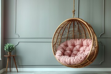 Wall Mural - Vintage hanging chair with pink seat copy space for text