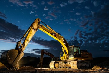 Wall Mural - Professional Photography of a late-night construction crew working on a major infrastructure project, their heavy machinery roaring, Generative AI