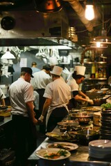 Wall Mural - Professional Photography of a restaurant kitchen bustling with activity as chefs prepare late-night orders for hungry patrons, Generative AI