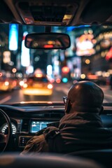 Wall Mural - Professional Photography of a taxi driver navigating city streets during the late hours, providing transportation for passengers on the move, Generative AI