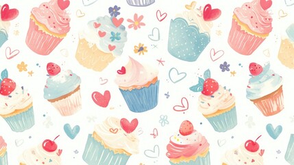 Poster - Illustrate your designs with this stock 2d featuring cupcakes adorned with hearts flowers and a charming blue outline on a pristine white backdrop Perfect for embellishing your ideas includ