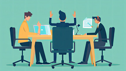 Poster - Modern office teamwork in session illustration - Three professionals engaging in a collaborative work session in a well-organized modern office setting