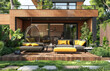 modern garden with a terrace, brick house and outdoor furniture set for relaxation on a sunny day