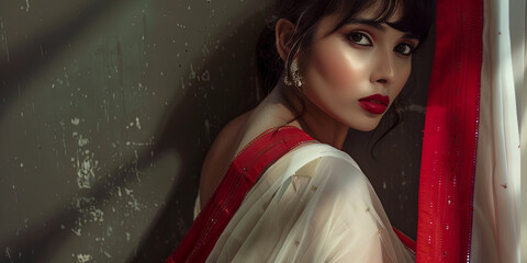 Poster - beautiful Bengali woman wearing a white saree with a red border, generative AI