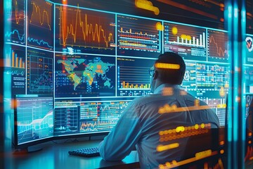 Poster - A man is seated in front of a computer monitor, carefully analyzing market trends as part of a team of analysts. Generative AI