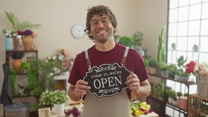 Sticker - Smiling man holding an open sign inside a vibrant flower shop, surrounded by plants and natural light.