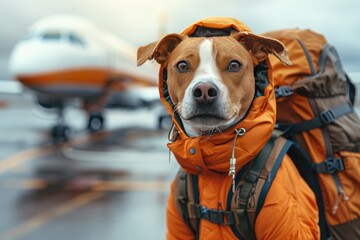 A dog with a large tourist backpack on the background of a departing plane.