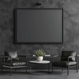 Fototapeta  - modern living room design in black shades with empty frame on dark background, 3d render