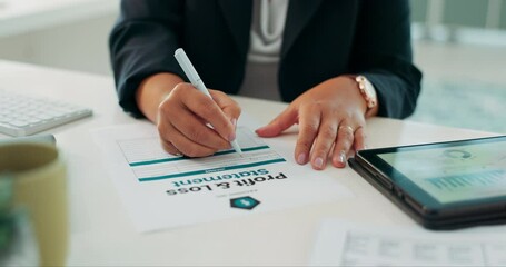 Canvas Print - Person, hands and writing with statement in finance for profit, loss or investment on desk at office. Closeup of trader, broker or accountant filling in financial form, agreement or policy documents