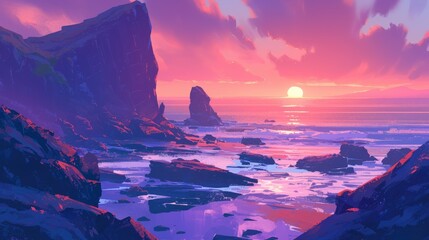 Wall Mural - A vibrant cartoon 2d artwork captures the breathtaking beauty of a landscape at dawn or dusk Picture a stunning scene with the sun rising or setting over the ocean painting the sky with hues