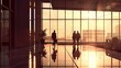 Silhouette of office workers walking in large corporate building