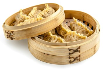 Wall Mural - Dumplings in a bamboo steamer. Isolated on white background 