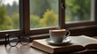 Open book, eye glasses and hot coffee next to the window. Banner of cozy morning.generative.ai
