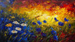 Vibrant impressionistic oil painting of a meadow landscape under a fiery red and yellow sky.