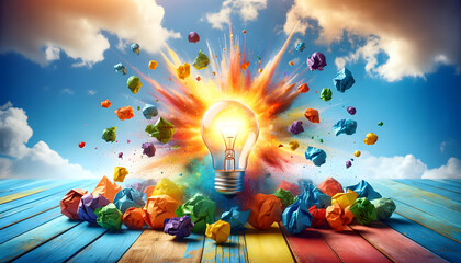 Wall Mural - A light bulb illuminating amidst colorful crumpled paper.