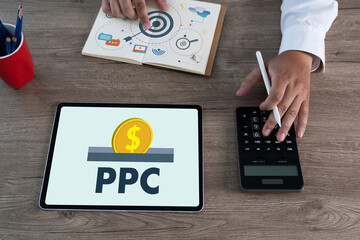 Poster - ppc - pay per click concept businessman working concept, social network, seo.