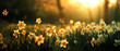 daffodils field sunrise in background