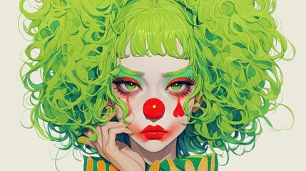 Wall Mural - Illustration of a furious clown sporting vibrant green hair featuring expressive facial makeup with dramatic eyes and lips set against a clean white backdrop This artwork captures the essenc