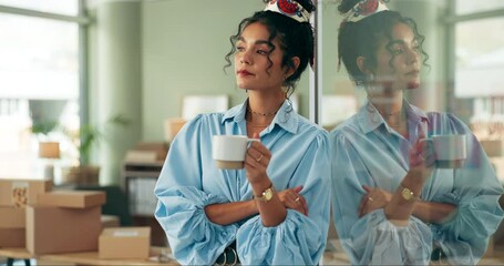 Poster - Woman, boxes and thinking with coffee on break for shipping distribution, logistics and product supply chain in office. Female person or designer and idea with package for clothing stock or inventory