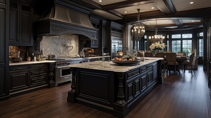 Canvas Print - Large kitchen in luxury home with dark wood cabinetry
