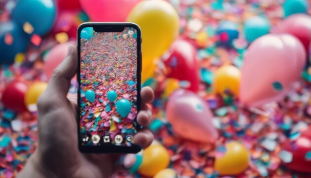 'confetti background colorful playful balloons holding hand smartphone streamlined inflatable flashing forms festive style textures phone mobile winner smart concept flying sma'