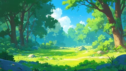 Wall Mural - A vibrant summer scene unfolds before us showcasing a lush forest with towering trees and verdant grass carpeting a sunlit clearing This lively 2d cartoon captures the essence of a tranquil 