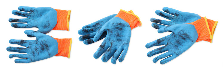 Wall Mural - Dirty gardening gloves isolated on white, views from different angles