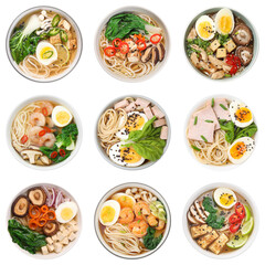 Wall Mural - Set with bowls of delicious ramen with different ingredients isolated on white, top view. Noodle soup