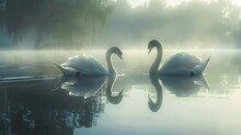 A Pair Of Swans Gliding Gracefully Across A Tranquil Lake, Their Reflections Mirrored In The Still Water