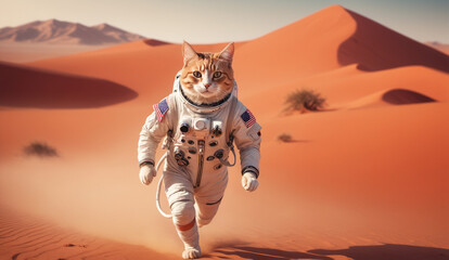 Wall Mural - a whimsical scene of a cat astronaut wearing a space suit, running through a vast red martian desert landscape