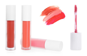 Wall Mural - Lip gloss. Samples and bottles on white background