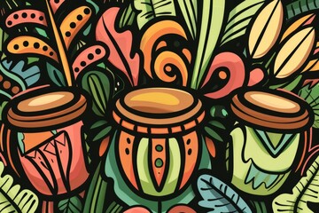 cartoon cute doodles of a rhythmic bongo drum tapping tribal beats in a lively jungle party, generat