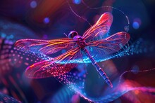 A Neonlit Futuristic Dragonfly Poised Elegantly, Captured On A Dynamic Wallpaper