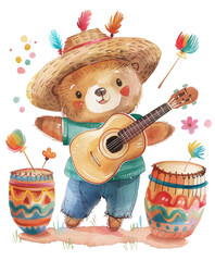 watercolor clipart , cinco de mayo, bear,guitar, 