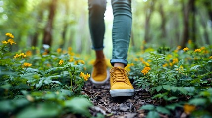 a person taking a leisurely walk in nature surrounded by lush greenery and fresh air