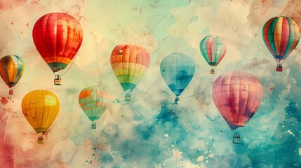  Many hot air balloons around landscape abstract art poster background