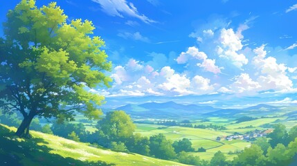 Sticker - The landscape under a blanket of green stretches out beneath a vast canopy of blue sky