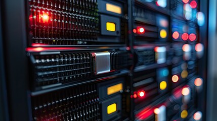 Poster - Row of network servers with glowing LED lights