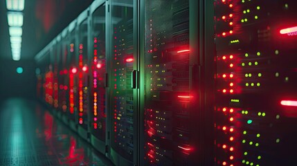 Poster - Row of network servers with glowing LED lights
