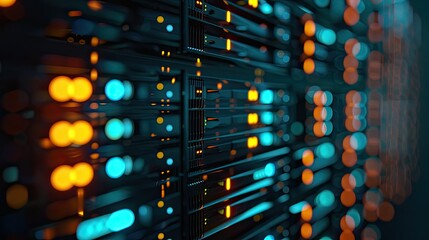 Poster - Row of network servers with glowing LED lights