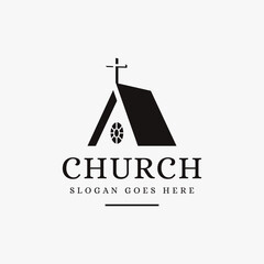 Negative space silhouette Church logo icon vector template on white background