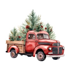 Wall Mural - Hand drawn watercolor illustration of a truck with Christmas tree and berries. Isolated on white background