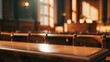 Blurred background of wooden chairs in an empty courtroom.