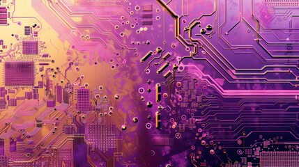 Wall Mural - Technology and communication background template. Concept of a purple gold motherboard circuit