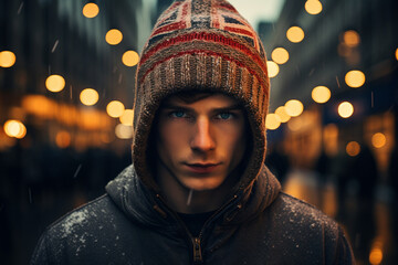 Portrait of a young man in a hoodie and sunglasses on the background of the British flag.